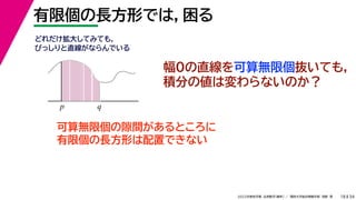 34
2022年度秋学期 応用数学（解析） ／ 関西大学総合情報学部 浅野 晃
有限個の長方形では，困る
18
幅0の直線を可算無限個抜いても，
積分の値は変わらないのか？
p q
どれだけ拡大してみても，
びっしりと直線がならんでいる
可算無限個の隙間があるところに
有限個の長方形は配置できない
 