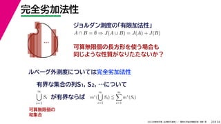 34
2022年度秋学期 応用数学（解析） ／ 関西大学総合情報学部 浅野 晃
完全劣加法性
20
ジョルダン測度の「有限加法性」
…
ルベーグ外測度については完全劣加法性
A ∩ B = ∅ ⇒ J(A ∪ B) = J(A) + J(B)
可算無限個の長方形を使う場合も
同じような性質がなりたたないか？
有界な集合の列S1, S2, …について
∞

i=1
Si が有界ならば m∗
(
∞

i=1
Si) 
∞

i=1
m∗
(Si)
可算無限個の
和集合
 