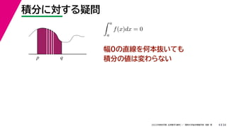 34
2022年度秋学期 応用数学（解析） ／ 関西大学総合情報学部 浅野 晃
積分に対する疑問
4
幅0の直線を何本抜いても
積分の値は変わらない
p q
 a
a
f(x)dx = 0
 