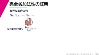 34
2022年度秋学期 応用数学（解析） ／ 関西大学総合情報学部 浅野 晃
完全劣加法性の証明
21
有界な集合の列
S1, S2, …, Si, …
I1(i)
I2(i)
I3(i) …
Siを長方形で覆う
 
