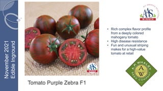 Tomato Purple Zebra F1
• Rich complex flavor profile
from a deeply colored
mahogany tomato
• High disease resistance
• Fun and unusual striping
makes for a high-value
tomato at retail
November
2021
Edible
Inground
 