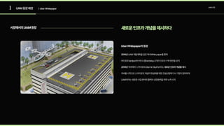1 | Uber Whitepaper
UAM산업
UberWhitepaper의등장
2016년UAM개발계획을담은백서Whitepaper를통해

버티포트Vertiport와버티스톱Vertistop2개의
2019년우버에어스카이포트UberAirSkyPort라는
우버를시작으로스카이포트개념의현실화를위한건설산업에다수기업이참여하며

UAM이라는새로운사업분야의활력과성장동력을위한노력시작
인프라구축방안을공개

새로운인프라개념을제시

UAM등장배경
새로운인프라개념을제시하다
시장에서의UAM등장
 