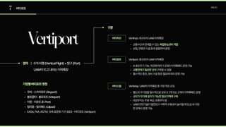 7 버티포트 로컬조사
Vertiport
정의
구분
기업별버티포트명칭
| 수직비행(VerticalFlight)+항구(Port)

UAM이뜨고내리는이착륙장
우버-스카이포트(Skyport
볼로콥터-볼로포트(Voloport
이항-이포트(E-Port
릴리움-릴리패드(Lilipad
EASA,FAA,ASTM,국제표준화기구(ISO)-버티포트(Vertiport)
Vertihub.대규모의UAM이착륙
교통수단과연계할수있는
상업,컨벤션시설등과융합하여운영
복합환승센터역
Vertiport.중규모의UAM이착륙
4-8대주기가능.여건에따라1-2대의이착륙패드운영가
에구축할수있
필수적인충전,정비시설등은필요에따라운영가능
교통연계가필요한곳
Vertistop.UAM의이착륙장중가장작은규모
별도의주기장을필수적으로보유X.1개또는2개의이착륙패드운
대상부지는주로옥상,유휴부지
UAM안전기술이발전되고사회적수용성이높아질때도심내다양
한곳에서운영가능
규모가작기에설치가가능한필요지역에구
버티허브
버티포트
버티스탑
 