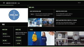 9 교통브랜드의굿즈화사례 브랜딩조사
| 팬암
팬암
제품스토리
20세기세계최대항공사팬암 새롭게태어난헤리티지브랜드
평범한일상을특별한여행으로만들어주는도구(GEAR)
브랜드정보 디자인
20-30대남성중심
팬암코리아는20세기세계최대의항공산업을이끌었던  
미국PANAM항공사의아이덴티티가모티브

의류,가방,악세서리
평범한일상을특별한여행으로
만들어주는도구(GEAR)
메인타겟
메인제품
브랜드컨셉
신선한일상
인더스트리얼
선구적인
단지 과거의 영광을 재현하는 것을 넘어 일상에 신선
한영감을불러일으키는일상여행의경험라이프

신선한 여행의 감각으로 일상을 여행으로 만들어주는 '기어(도구)'
"LIFEJOURNEYGEAR"로다양한라이프스타일제품을제안
헤리티지
 
