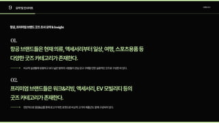 9
01.
02.
요약및인사이트 브랜딩조사
항공브랜드들은현재의류,액세서리부터일상,여행,스포츠용품등 
다양한굿즈카테고리가존재한다.
비교적실생활에유용하고보다넓은범위의사람들이관심갖고구매할만한실용적인굿즈로구성한바있다.
항공,프리미엄브랜드굿즈조사요약&Insight
프리미엄브랜드들은워크&리빙,액세서리,EV모빌리티등의 
굿즈카테고리가존재한다.
전반적으로깔끔&심플톤에로고가박힌포맷으로비교적고가의제품군도함께구성되어있다.
 
