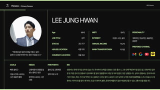 3 Persona 사용자Persona
| PrimaryPersona
“해야할일은많은데매일어쩔수없이 
길에서시간을버려야하는점이아깝습니다.”
48세 ENTJ
상무 트렌드서치,골프
3인가구
빠른출퇴근

이동시간에소요되는
시간효율적활용
교통체증의영향을덜
받는출퇴근방안

운전에소요되는시간
대체
출퇴근길교통체증

업무피로누적
정환씨는현재대기업상무로있습니다.회사에서능력을인정받는것은좋으나,그로인해책임져야할일도많고전반적인업무
량및직원관리등정환씨가관리해야할일이많을뿐더러미팅및외부일정도잦은상황입니다.심지어정환씨는집과회사의
거리가멀고,평소차가잘막히다보니출퇴근시간도많이소요되어시간낭비와누적된피로에불편함을느끼고있습니다.정
환씨는차라리돈을많이내더라도조금더편하게,빨리,운전에매몰되지않은채출퇴근할수있는교통수단을원합니다.
약2억
서울마포 자가용
서울강남
계획적인,현실적인,효율적인,
꼼꼼한
Age MBTI
JOBTITLE
PERSONALITY
BIO
GOALS PAINPOINTS
NEEDS
STATUS ANNUALINCOME
HOUSELOCATION
COMPANYLOCATION
INTEREST
PREFEREDCHANNEL
MAINTRANSPORTAION
LEEJUNGHWAN
 