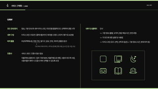 4 서비스구체화 서비스정의
| UAM
UAM
모드안내방식
내부구성
조종사
내부디스플레이
비치물품
탑승,기본안내후내부터치스크린,리모컨을활용해모드선택하며경험시작
터치스크린|리모컨|플렉서블좌석|테이블|조명|스피커|행거및보관함
서비스초반| 조종사필수탑승

자율주행상용화후| 일부기체100%자율주행으로변환,사용자피드백수용,
사용자들이예약시조종사여부선택할수있도록조정
인사

-> 기본정보(출발,도착지,평균예상시간,안전사항)

-> 각모드에대한설명및사용법

-> 터치스크린(모드선택,선택후옵션)+기본정보(시간,현재위치등)
비상대책매뉴얼,여정키트,필기구,담요,안대,귀마개,웰컴드링크
 