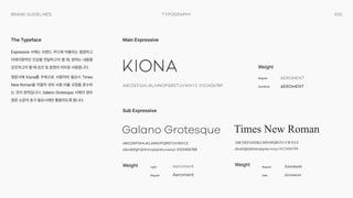 030
Typography
Brand Guidelines
Expressive 서체는 브랜드 무드에 어울리는 깔끔하고
미래지향적인 인상을 전달하고자 할 때, 원하는 내용을
강조하고자 할 때 강조 및 표현의 의미로 사용합니다.

영문서체 Kiona를 주축으로 사용하며 필요시 Times
New Roman을 적절히 섞되 사용 비율 규정을 준수하
는 것이 원칙입니다. Galano Grotesque 서체의 경우
영문 소문자 표기 필요시에만 활용하도록 합니다.
The Typeface Main Expressive
Sub Expressive
Kiona
Galano Grotesque Times New Roman
Regular
Light Regular
AEROMENT
Aeroment Aeroment
AEROMENT
Aeroment Aeroment
SemiBold
Regular Italic
Weight
Weight Weight
ABCDEFGHIJKLMNOPQRSTUVWXYZ 0123456789
ABCDEFGHIJKLMNOPQRSTUVWXYZ 
abcdefghijklmnopqrstuvwxyz 0123456789
ABCDEFGHIJKLMNOPQRSTUVWXYZ 
abcdefghijklmnopqrstuvwxyz 0123456789
 