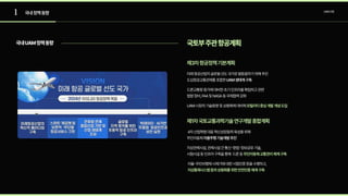 1 UAM산업
국내정책동향
국내UAM정책동향
미래항공산업의글로벌선도국가로발돋움하기위해추진 
도심항공교통관제를포함한UAM생태계구축

드론교통량증가에대비한초기인프라를확립하고관련
 
법령정비,FAA및NASA등국제협력강화

UAM시장의기술동향및상용화에대비해모빌리티중심개발개념도입
제3차항공정책기본계획
4차산업혁명대응혁신성장동력육성을위해 
무인이동체자율주행기술개발추진

지상관제시설,관제시설간통신･항법･정보공유기술,  
시험시설등인프라구축을통해 드론등
자율･무인비행체시제기에대한시험인증등을수행하고, 
무인이동체교통관리체계구축

지상통제시스템등의상용화를위한안전인증체계구축
제1차국토교통과학기술연구개발종합계획
국토부주관항공계획
 