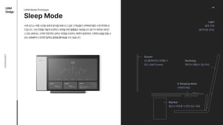 UAM

Design
AEROEMNT
Sleep Mode
수면모드는비행시간을숙면과휴식을위해쓰고싶은고객님들이선택하면좋은수면최적화모
드입니다.기내조명을어둡게조정하고숙면을위한물품들도제공됩니다.밝기가최하로내려간
스크린상에서는고객의전반적인심박수측정을도와주는화면이등장하며,수면에도움을얻을수
있는ASMR이나잔잔한릴렉싱음원을틀어놓을수도있습니다.
UAM Mode Prototype
03
Light 
블랙 조명 
(암막커튼 효과)
Screen 
모드를확인하고선택할수
있는 UAM Screen
A Sleeping Mask 
수면안대제공
Blanket 
필요시 버튼을 누르면 담요 제공
Reclining 
젖히거나돌릴수있는좌석
 