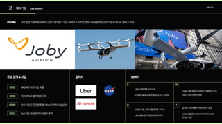 2 해외기업 | JobyAviation
UAM기업
Profile
주요업적&사업 협력사 SWOT
가장앞선기술력을보유하고있다평가받고있는미국의스타트업.현재UAM분야의선두기업중하나로불리고있다
NASA와파트너십체결
TOYOTA와협력체제구축
최초미공군군감항증명,Uber와파트너십심화
Part135항공캐리어인증서취득
2012
2019
2020
2022
S
O
W
T
UAM자체개발능력보유

타경쟁사들에비해한발앞서있는기술력
UAM기체개발에치중해기타플랫폼등의
서비스확장측면이부족
다양한기업,기관과협력체계구축중

UAM분야선두기업으로서의입지
입지를위협해올타경쟁사들의성장

UAM산업전망상승에따라레드오션이
되어갈산업
 