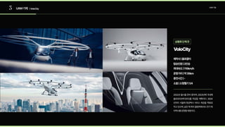 3 UAM기체 |VoloCity
UAM기술
VoloCity
탑승인원|2인승
제작사|볼로콥터
최대속도|110km/h
운항거리|약35km
충전시간|-
소음|소형헬기1/4
2022년 출시를 준비 중이며, 2023년에 국내에
볼로포트(버티포트)를 착공할 계획이다. 2024
년까지 서울에 항공택시 서비스 제공을 목표로
하고있으며,같은해파리올림픽에서도전기에
어택시를운항할예정이다.
상용화단계전
 