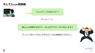17
「Scrumやってみませんか？」
僕Scrumの経験があるので、みんながやりたいなら手伝いますよ
そしてScrum再挑戦
チーム「！？」
By いらすとや
チーム「うまくいかないと思うけど…まぁ経験者がいるなら…」
 