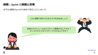 18
挑戦：Sprint ①挑戦と反発
まずは2週間のSprintから始めて見ることにしました。
By いらすとや
この2週間で終わらせるタスクを決めましょう
全体のスケジュールはどうやって管理するんですか？
オンスケかどうかどうやってわかるんですか？
 