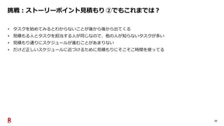 27
挑戦：ストーリーポイント見積もり ②でもこれまでは？
• タスクを始めてみるとわからないことが後から後から出てくる
• 見積もる人とタスクを担当する人が同じなので、他の人が知らないタスクが多い
• 見積もり通りにスケジュールが進むことがあまりない
• だけど正しいスケジュールに近づけるために見積もりにそこそこ時間を使ってる
 