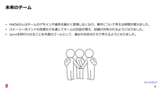 33
未来のチーム
• PMのBさんはチームのアサインや進捗を細かく管理しなくなり、要件について考える時間が増えました。
• ストーリーポイントの見積もりを通じてチームの対話が増え、知識が共有されるようになりました。
• Sprintを終わらせることを共通のゴールとして、進め方を自分たちで考えるようになりました。
By いらすとや
 