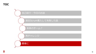 35
TOC
自己紹介・今日のお話
過去Scrum導入して失敗した話
未来のチーム？
再チャレンジ
最後に
 