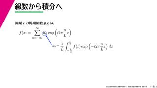 23
2022ѧڡI vѧtѧǳҰ
e֤
17
 L v f(x) ϣ
f(x) =


n=?
an exp

i2
n
L
x

 
an =
1
L
 L
2
? L
2
f(x) exp

?i2
n
L
x

dx
 