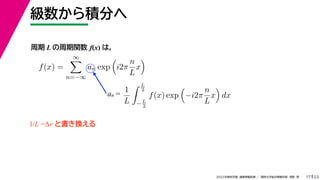 23
2022ѧڡI vѧtѧǳҰ
e֤
17
 L v f(x) ϣ
f(x) =


n=?
an exp

i2
n
L
x

 
an =
1
L
 L
2
? L
2
f(x) exp

?i2
n
L
x

dx
1/L = ȕQ
 