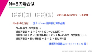 33
2022年度秋学期 画像情報処理 ／ 関西大学総合情報学部 浅野 晃
N=8の場合は
30
これらは，N=2のフーリエ変換

W0 W0
W0 W2
 
u(0)
u(2)
 
W0 W0
W0 W2
 
u(1)
u(3)

Ｎ＝８ のときは
Ｎ＝８ のフーリエ変換 →
掛け算8回 ＋ 2 × （ N=4 のフーリエ変換） →
掛け算8回 + 2 × （掛け算4回 + 2 × ( N=2 のフーリエ変換 ) ) →
掛け算8回 + 掛け算8回 + 2 × 2 × 掛け算4回
掛け算の回数は 回💡💡
8 + 8 + 4 × 4 = 32
元々 回の掛け算が必要
82
= 64
 