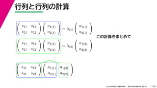 33
2022年度秋学期 画像情報処理 ／ 関西大学総合情報学部 浅野 晃
行列と行列の計算
11
この計算をまとめて

s11 s12
s21 s22
 
a1(1)
a2(1)

= λ(1)

a1(1)
a2(1)


s11 s12
s21 s22
 
a1(2)
a2(2)

= λ(2)

a1(2)
a2(2)


s11 s12
s21 s22
 
a1(1) a1(2)
a2(1) a2(2)

 