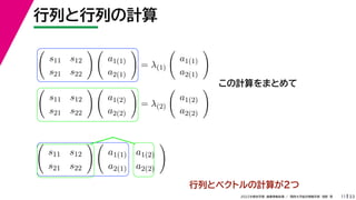 33
2022年度秋学期 画像情報処理 ／ 関西大学総合情報学部 浅野 晃
行列と行列の計算
11
この計算をまとめて

s11 s12
s21 s22
 
a1(1)
a2(1)

= λ(1)

a1(1)
a2(1)


s11 s12
s21 s22
 
a1(2)
a2(2)

= λ(2)

a1(2)
a2(2)


s11 s12
s21 s22
 
a1(1) a1(2)
a2(1) a2(2)

行列とベクトルの計算が２つ
 