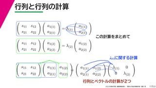 33
2022年度秋学期 画像情報処理 ／ 関西大学総合情報学部 浅野 晃
行列と行列の計算
11
この計算をまとめて

s11 s12
s21 s22
 
a1(1)
a2(1)

= λ(1)

a1(1)
a2(1)


s11 s12
s21 s22
 
a1(2)
a2(2)

= λ(2)

a1(2)
a2(2)


s11 s12
s21 s22
 
a1(1) a1(2)
a2(1) a2(2)

=

a1(1) a1(2)
a2(1) a2(2)
 
λ(1) 0
0 λ(2)

行列とベクトルの計算が２つ
λ(1)に関する計算
 