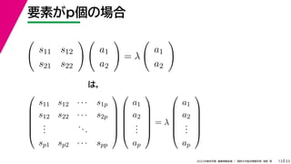33
2022年度秋学期 画像情報処理 ／ 関西大学総合情報学部 浅野 晃
要素がp個の場合
13

s11 s12
s21 s22
 
a1
a2

= λ

a1
a2







s11 s12 · · · s1p
s12 s22 · · · s2p
.
.
.
...
sp1 sp2 · · · spp












a1
a2
.
.
.
ap






= λ






a1
a2
.
.
.
ap






は，
 