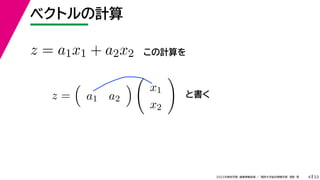 33
2022年度秋学期 画像情報処理 ／ 関西大学総合情報学部 浅野 晃
ベクトルの計算
4
z = a1x1 + a2x2 この計算を
z =

a1 a2


x1
x2

と書く
 