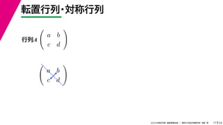 33
2022年度秋学期 画像情報処理 ／ 関西大学総合情報学部 浅野 晃
転置行列・対称行列
17

a b
c d

講義 プリ
行列A

a b
c d

講義 プリ
 