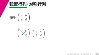 33
2022年度秋学期 画像情報処理 ／ 関西大学総合情報学部 浅野 晃
転置行列・対称行列
17

a b
c d

講義 プリ
行列A

a b
c d

講義 プリ

a c
b d

 を使
 