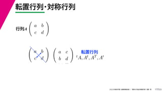 33
2022年度秋学期 画像情報処理 ／ 関西大学総合情報学部 浅野 晃
転置行列・対称行列
17

a b
c d

講義 プリ
行列A
転置行列

a b
c d

講義 プリ

a c
b d

 を使
tA, At, AT , A
 