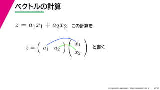 33
2022年度秋学期 画像情報処理 ／ 関西大学総合情報学部 浅野 晃
ベクトルの計算
4
z = a1x1 + a2x2 この計算を
z =

a1 a2


x1
x2

と書く
 