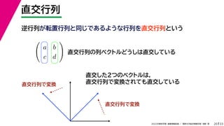 33
2022年度秋学期 画像情報処理 ／ 関西大学総合情報学部 浅野 晃
直交行列
20

a b
c d

講義 プリ
直交行列の列ベクトルどうしは直交している
直交行列で変換
直交行列で変換
直交した２つのベクトルは，
直交行列で変換されても直交している
逆行列が転置行列と同じであるような行列を直交行列という
 