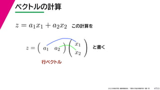 33
2022年度秋学期 画像情報処理 ／ 関西大学総合情報学部 浅野 晃
ベクトルの計算
4
行ベクトル
z = a1x1 + a2x2 この計算を
z =

a1 a2


x1
x2

と書く
 