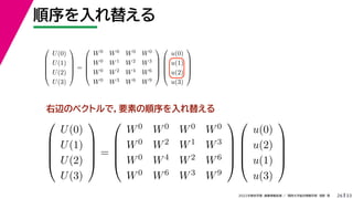 33
2022年度秋学期 画像情報処理 ／ 関西大学総合情報学部 浅野 晃
順序を入れ替える
26
右辺のベクトルで，要素の順序を入れ替える





U(0)
U(1)
U(2)
U(3)





=





W0 W0 W0 W0
W0 W1 W2 W3
W0 W2 W4 W6
W0 W3 W6 W9










u(0)
u(1)
u(2)
u(3)










U(0)
U(1)
U(2)
U(3)





=





W0 W0 W0 W0
W0 W2 W1 W3
W0 W4 W2 W6
W0 W6 W3 W9










u(0)
u(2)
u(1)
u(3)





 