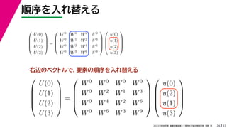 33
2022年度秋学期 画像情報処理 ／ 関西大学総合情報学部 浅野 晃
順序を入れ替える
26
右辺のベクトルで，要素の順序を入れ替える





U(0)
U(1)
U(2)
U(3)





=





W0 W0 W0 W0
W0 W1 W2 W3
W0 W2 W4 W6
W0 W3 W6 W9










u(0)
u(1)
u(2)
u(3)










U(0)
U(1)
U(2)
U(3)





=





W0 W0 W0 W0
W0 W2 W1 W3
W0 W4 W2 W6
W0 W6 W3 W9










u(0)
u(2)
u(1)
u(3)





 