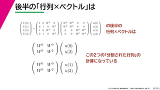 33
2022年度秋学期 画像情報処理 ／ 関西大学総合情報学部 浅野 晃
後半の「行列×ベクトル」は
29
の後半の
行列×ベクトルは





U(0)
U(1)
U(2)
U(3)





=





1 0 W0 0
0 1 0 W1
1 0 W2 0
0 1 0 W3










W0 W0 0 0
W0 W2 0 0
0 0 W0 W0
0 0 W0 W2










u(0)
u(2)
u(1)
u(3)






W0 W0
W0 W2
 
u(0)
u(2)


W0 W0
W0 W2
 
u(1)
u(3)

この2つの「分割された行列」の
計算になっている
 