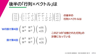 33
2022年度秋学期 画像情報処理 ／ 関西大学総合情報学部 浅野 晃
後半の「行列×ベクトル」は
29
の後半の
行列×ベクトルは





U(0)
U(1)
U(2)
U(3)





=





1 0 W0 0
0 1 0 W1
1 0 W2 0
0 1 0 W3










W0 W0 0 0
W0 W2 0 0
0 0 W0 W0
0 0 W0 W2










u(0)
u(2)
u(1)
u(3)






W0 W0
W0 W2
 
u(0)
u(2)


W0 W0
W0 W2
 
u(1)
u(3)

この2つの「分割された行列」の
計算になっている
Wの掛け算4回
掛け算4回
 