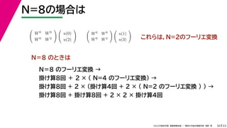 33
2022年度秋学期 画像情報処理 ／ 関西大学総合情報学部 浅野 晃
N=8の場合は
30
これらは，N=2のフーリエ変換

W0 W0
W0 W2
 
u(0)
u(2)
 
W0 W0
W0 W2
 
u(1)
u(3)

Ｎ＝８ のときは
Ｎ＝８ のフーリエ変換 →
掛け算8回 ＋ 2 × （ N=4 のフーリエ変換） →
掛け算8回 + 2 × （掛け算4回 + 2 × ( N=2 のフーリエ変換 ) ) →
掛け算8回 + 掛け算8回 + 2 × 2 × 掛け算4回
 