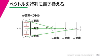 29
2022年度秋学期 画像情報処理 ／ 関西大学総合情報学部 浅野 晃
ベクトルを行列に書き換える
9
x =









x1
.
.
.
xj
.
.
.
xm









X =

x1 · · · xj · · · xm

m2要素ベクトル
m要素
m要素
m要素
m要素 m要素 m要素
 