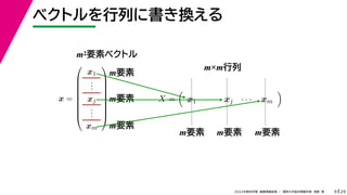 29
2022年度秋学期 画像情報処理 ／ 関西大学総合情報学部 浅野 晃
ベクトルを行列に書き換える
9
x =









x1
.
.
.
xj
.
.
.
xm









X =

x1 · · · xj · · · xm

m2要素ベクトル
m要素
m要素
m要素
m×m行列
m要素 m要素 m要素
 