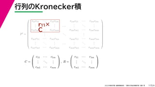 29
2022年度秋学期 画像情報処理 ／ 関西大学総合情報学部 浅野 晃
行列のKronecker積
11
P
=













r11c11 · · · r11c1m r1mc11 · · · r1mc1m
.
.
.
...
.
.
. · · ·
.
.
.
...
.
.
.
r11cm1 · · · r11cmm r1mcm1 · · · r1mcmm
.
.
.
...
.
.
.
rm1c11 · · · rm1c1m rmmc11 · · · rmmc1m
.
.
.
...
.
.
. · · ·
.
.
.
...
.
.
.
rm1cm1 · · · rm1cmm rmmcm1 · · · rmmcmm













C =



c11 · · · c1m
.
.
.
...
.
.
.
cm1 · · · cmm


 , R =



r11 · · · r1m
.
.
.
...
.
.
.
rm1 · · · rmm



r11×
C
 