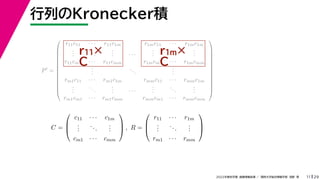 29
2022年度秋学期 画像情報処理 ／ 関西大学総合情報学部 浅野 晃
行列のKronecker積
11
P
=













r11c11 · · · r11c1m r1mc11 · · · r1mc1m
.
.
.
...
.
.
. · · ·
.
.
.
...
.
.
.
r11cm1 · · · r11cmm r1mcm1 · · · r1mcmm
.
.
.
...
.
.
.
rm1c11 · · · rm1c1m rmmc11 · · · rmmc1m
.
.
.
...
.
.
. · · ·
.
.
.
...
.
.
.
rm1cm1 · · · rm1cmm rmmcm1 · · · rmmcmm













C =



c11 · · · c1m
.
.
.
...
.
.
.
cm1 · · · cmm


 , R =



r11 · · · r1m
.
.
.
...
.
.
.
rm1 · · · rmm



r11×
C
r1m×
C
 