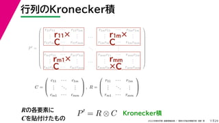 29
2022年度秋学期 画像情報処理 ／ 関西大学総合情報学部 浅野 晃
行列のKronecker積
11
Rの各要素に
Cを貼付けたもの
P
=













r11c11 · · · r11c1m r1mc11 · · · r1mc1m
.
.
.
...
.
.
. · · ·
.
.
.
...
.
.
.
r11cm1 · · · r11cmm r1mcm1 · · · r1mcmm
.
.
.
...
.
.
.
rm1c11 · · · rm1c1m rmmc11 · · · rmmc1m
.
.
.
...
.
.
. · · ·
.
.
.
...
.
.
.
rm1cm1 · · · rm1cmm rmmcm1 · · · rmmcmm













C =



c11 · · · c1m
.
.
.
...
.
.
.
cm1 · · · cmm


 , R =



r11 · · · r1m
.
.
.
...
.
.
.
rm1 · · · rmm



r11×
C
r1m×
C
rm1×
C
rmm
×C
P
= R ⊗ C Kronecker積
 