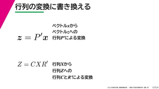 29
2022年度秋学期 画像情報処理 ／ 関西大学総合情報学部 浅野 晃
行列の変換に書き換える
12
ベクトルxから
ベクトルzへの
行列P′による変換
z = P
x
Z = CXR 行列Xから
行列Zへの
行列CとR′による変換
 