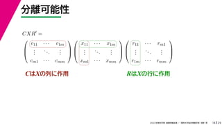 29
2022年度秋学期 画像情報処理 ／ 関西大学総合情報学部 浅野 晃
分離可能性
14
CはXの列に作用
CXR
=



c11 · · · c1m
.
.
.
...
.
.
.
cm1 · · · cmm






x11 · · · x1m
.
.
.
...
.
.
.
xm1 · · · xmm






r11 · · · rm1
.
.
.
...
.
.
.
r1m · · · rmm



RはXの行に作用
 