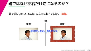29
2022年度秋学期 画像情報処理 ／ 関西大学総合情報学部 浅野 晃
鏡ではなぜ左右だけ逆になるのか？
18
鏡で逆になっているのは，左右でも上下でもなく 前後。
鏡
実像 鏡像
北を見ているなら 南を見ている
 