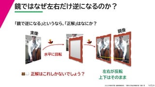 29
2022年度秋学期 画像情報処理 ／ 関西大学総合情報学部 浅野 晃
鏡ではなぜ左右だけ逆になるのか？
19
左右が反転
上下はそのまま
実像
🐻🐻💭💭 正解はこれしかないでしょう？
鏡像
水平に回転
💃💃 💃💃
「鏡で逆になる」というなら，「正解」はなにか？
 