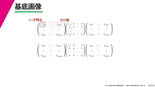 29
2022年度秋学期 画像情報処理 ／ 関西大学総合情報学部 浅野 晃
基底画像
24



r11 · · · rm1
.
.
.
...
.
.
.
r1m · · · rmm









z11 0 · · · 0
0 0 · · · 0
.
.
.
.
.
.
...
.
.
.
0 0 · · · 0









r11 · · · r1m
.
.
.
...
.
.
.
rm1 · · · rmm






r11 · · · rm1
.
.
.
...
.
.
.
r1m · · · rmm









z11 0 · · · 0
0 0 · · · 0
.
.
.
.
.
.
...
.
.
.
0 0 · · · 0









r11 · · · r1m
.
.
.
...
.
.
.
rm1 · · · rmm



r11が残る かけ算
 
